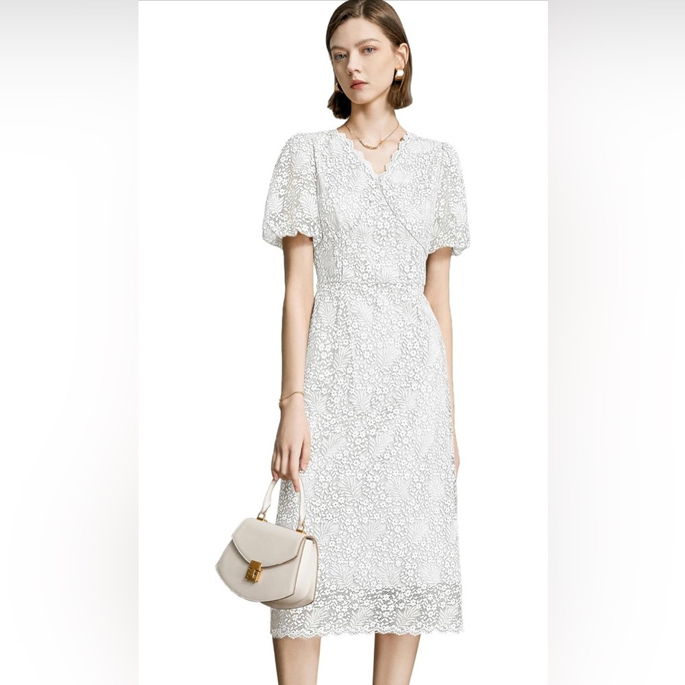Women's Elegant Lace Floral V-Neck Dress with Puff Sleeves and Back Zipper XL